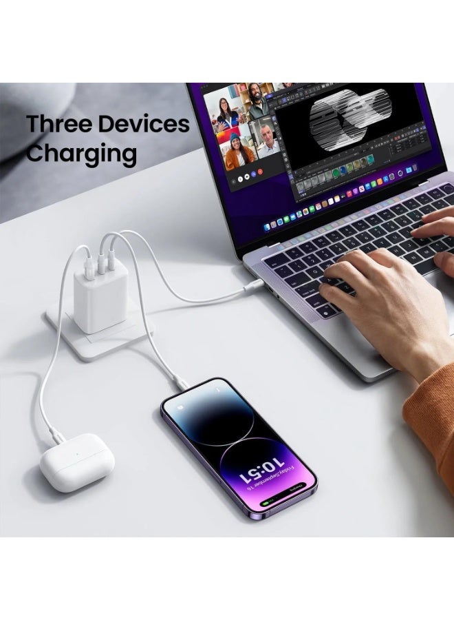 65W PD Fast Charger White – Dual USB-C + USB-A Wall Charger | Fast Charging Power Adapter for iPhone 15/14/13, Samsung Galaxy S24/S23, MacBook Air/Pro, iPad Pro, USB-C Laptops - Image 2