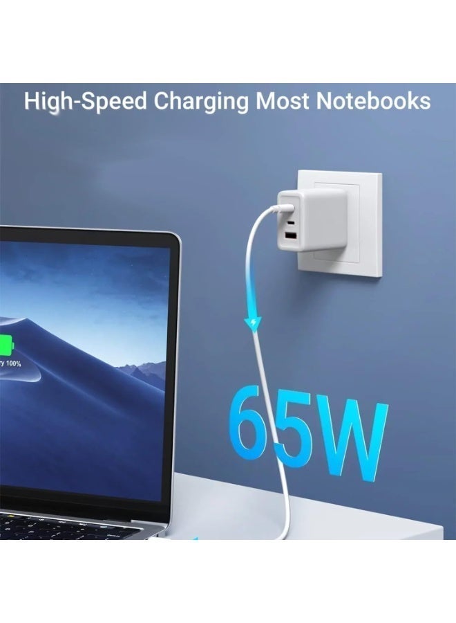 65W PD Fast Charger White – Dual USB-C + USB-A Wall Charger | Fast Charging Power Adapter for iPhone 15/14/13, Samsung Galaxy S24/S23, MacBook Air/Pro, iPad Pro, USB-C Laptops - Image 5