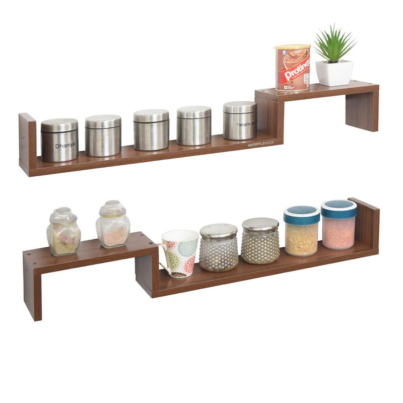 RIPPLEWUDS Crest Wooden Wall Shelves for Kitchen Pack of 2 Wall Mounted Wall Shelf for Home Decoration Walnut