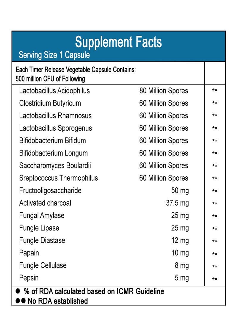 Digy Wal Digestive Enzymes Activated Charcoal With A Blend Of Pre And Probiotics Time Release Capsules