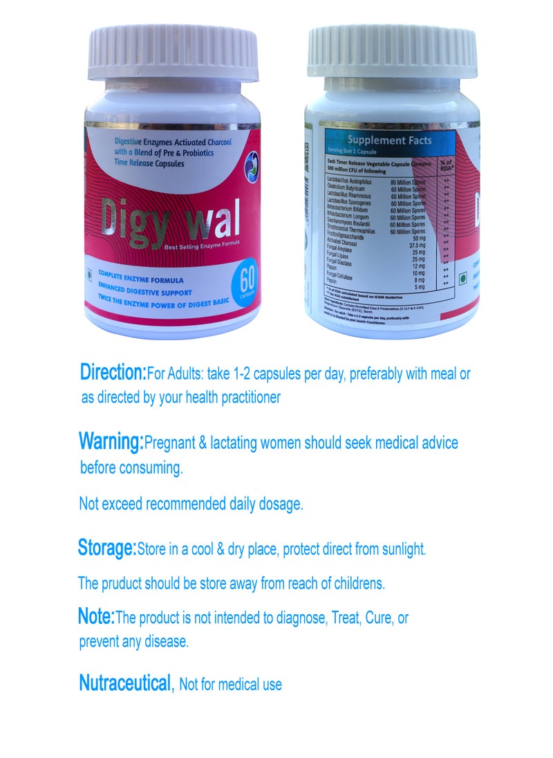 Digy Wal Digestive Enzymes Activated Charcoal With A Blend Of Pre And Probiotics Time Release Capsules