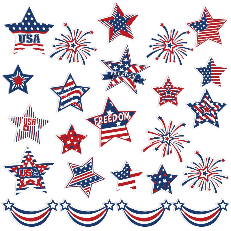 Whaline 24Pcs Patriotic Refrigerator Magnets 4th of July Stars Fireworks Refrigerator Magnetic Stickers Stars and Stripes Magnetic Decals for Independence Day Fridge Metal Door Cabinets Mailbox Decor