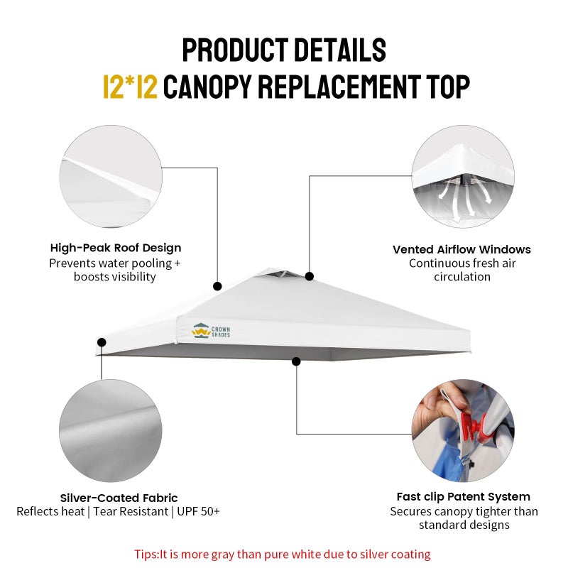 CROWN SHADES 12x12 Canopy Replacement Top - Only Compatible with Crown Shades RM144 Series, Silver Coated with Air Vent, White(Top Only) - Image 5