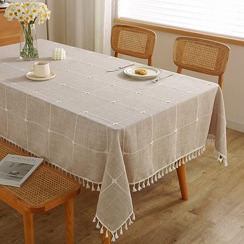 Jia le JIALE Tablecloths for Rectangle Tables,Cotton Linen Table Cloth Waterproof Tablecloth Wrinkle Free Farmhouse Dining Tables Cover,Soft Fabric Table Cloths with Tassels, Plaid, 55" X 70",4-6 Seats - Image 1