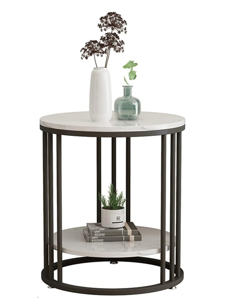 إيباسكت طاولة جانبية دائرية أنيقة مع سطح خشب بتأثير الرخام ورف سفلي بمقاس(50*60سم) - Image 1