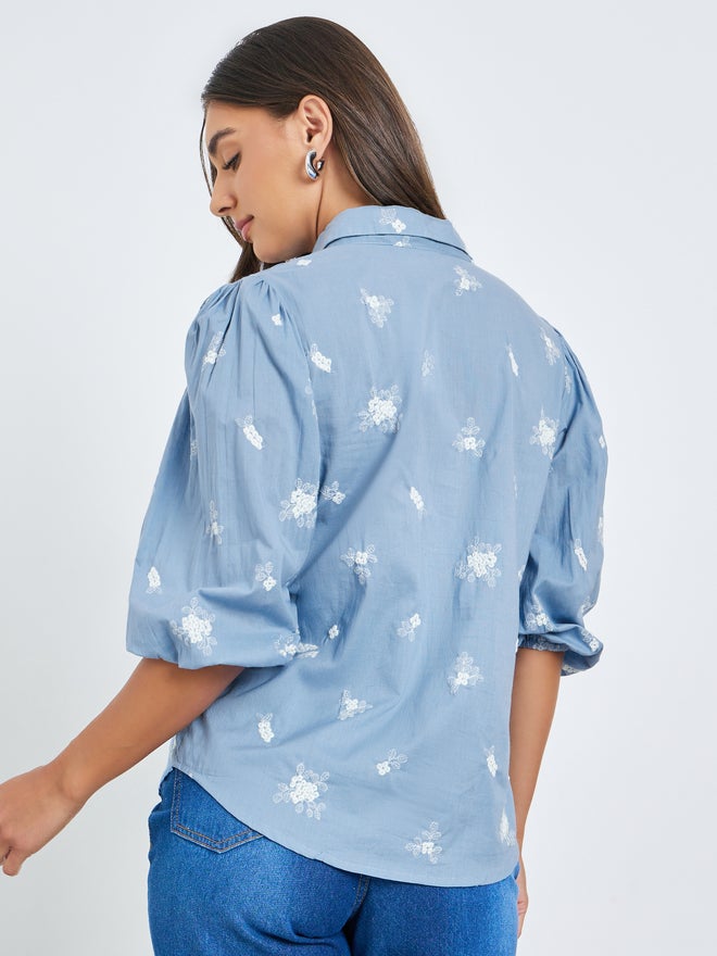 Styli Blue Embroidered Puff Sleeve Shirt - Image 5