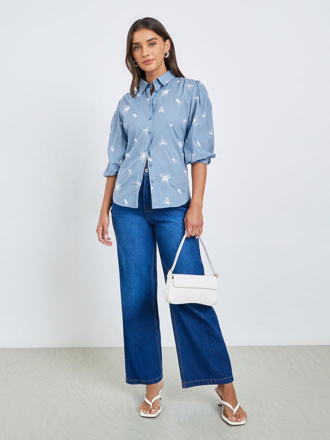 Styli Blue Embroidered Puff Sleeve Shirt - Image 2