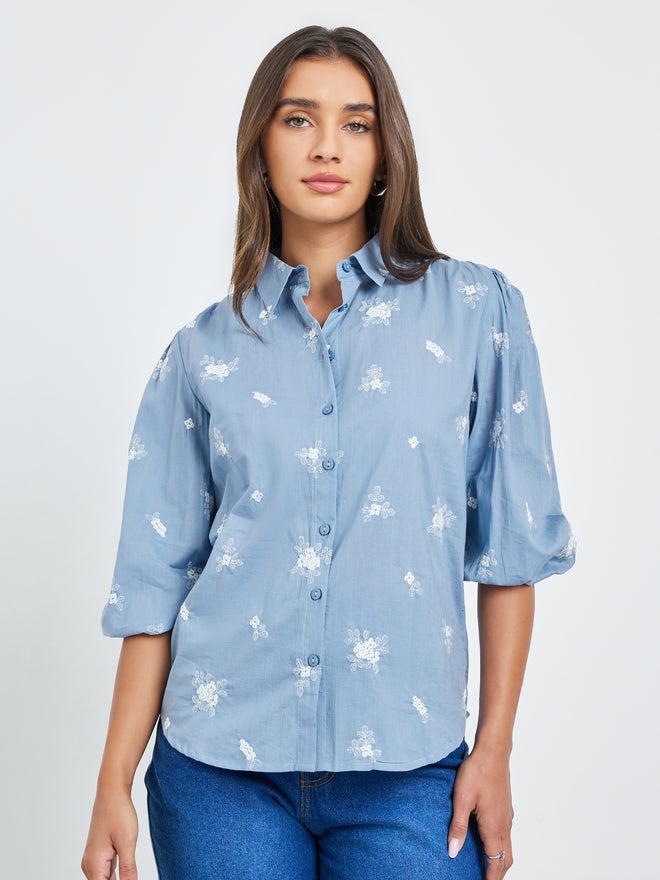 Styli Blue Embroidered Puff Sleeve Shirt - Image 3