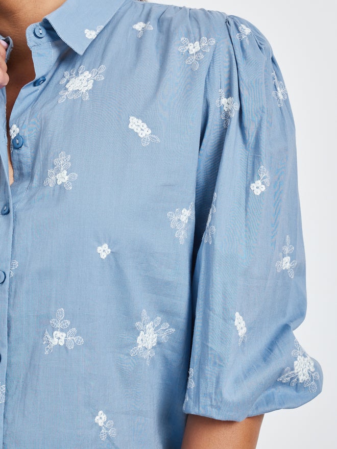 Styli Blue Embroidered Puff Sleeve Shirt - Image 4