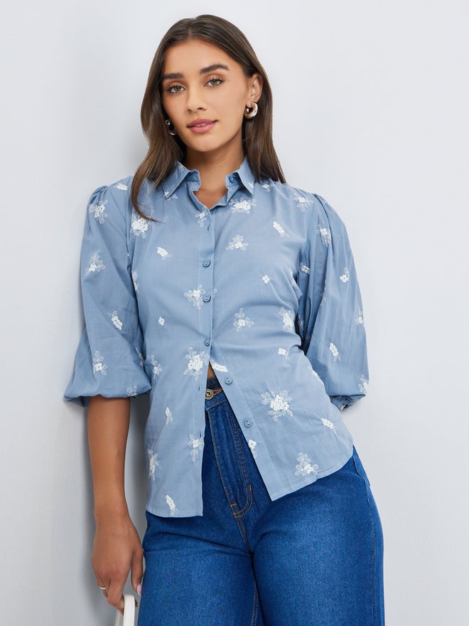 Styli Blue Embroidered Puff Sleeve Shirt - Image 1