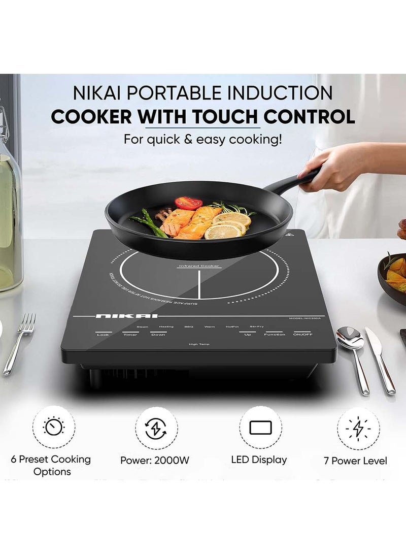 NIKAI Infrared Cooker - Touch Control With 6 Preset Temperature Settings, Sleek Design, Efficient Heating Technology Suitable For All Utensils 2000 W NIC200A Black - Image 2