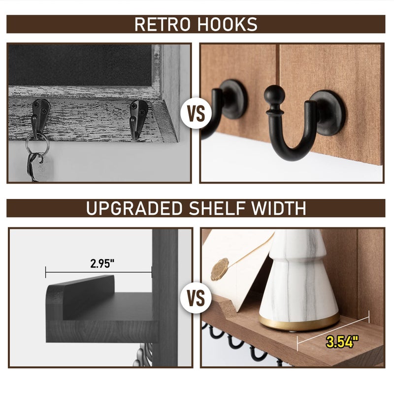 Rebee Vision Key Holder for Wall - Farmhouse Rustic Mail Organizer Floating Shelf for Home Kitchen Entryway Decor with 7 Sturdy Key Hooks (Retro Brown,15-inch) - Image 5