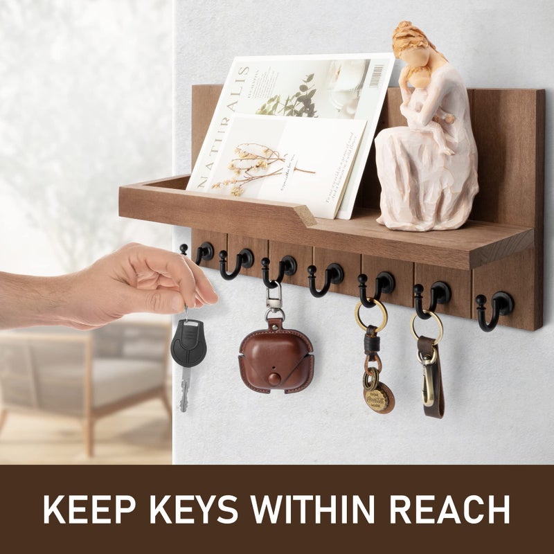 Rebee Vision Key Holder for Wall - Farmhouse Rustic Mail Organizer Floating Shelf for Home Kitchen Entryway Decor with 7 Sturdy Key Hooks (Retro Brown,15-inch) - Image 2