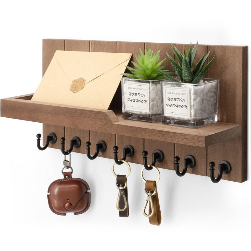 Rebee Vision Key Holder for Wall - Farmhouse Rustic Mail Organizer Floating Shelf for Home Kitchen Entryway Decor with 7 Sturdy Key Hooks (Retro Brown,15-inch) - Image 1