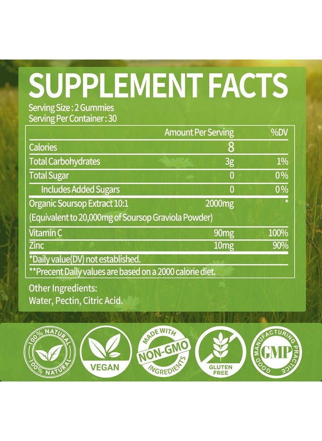 OALSE Soursop Graviola Gummies, Sour SOP Leaves & Fruit Extract Plus Vitamin C and Zinc, Soursop Bitters for Immune Support, (60 Count) - Sugar Free, Vegan, Gluten Free