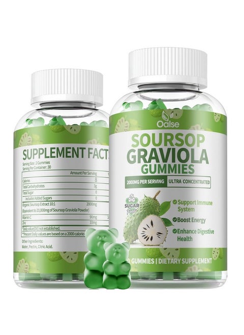 OALSE Soursop Graviola Gummies, Sour SOP Leaves & Fruit Extract Plus Vitamin C and Zinc, Soursop Bitters for Immune Support, (60 Count) - Sugar Free, Vegan, Gluten Free