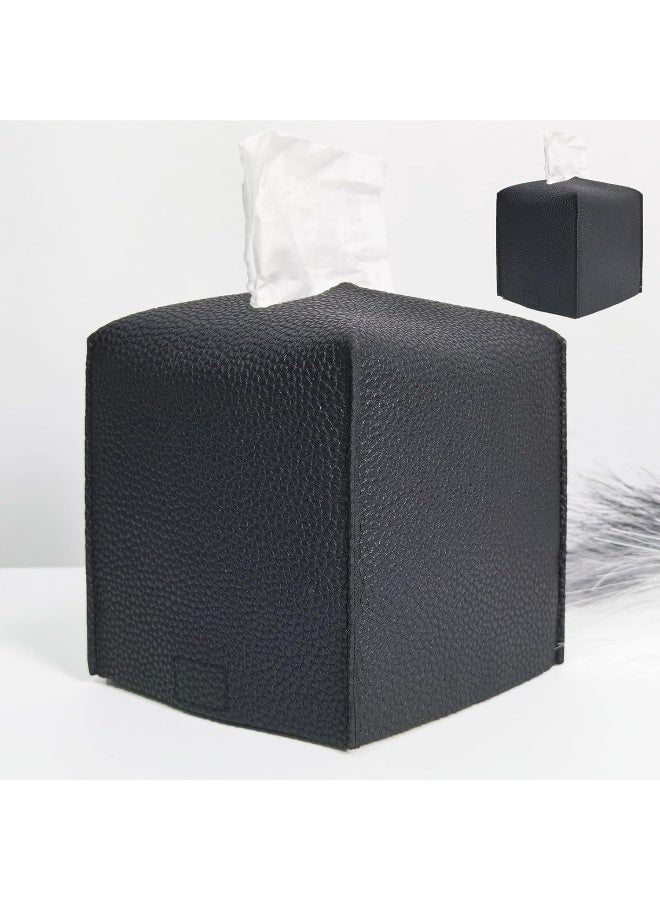 HOMOTEK HOMOTEK 2 Pack Tissue Box Cover, Square PU Leather Tissue Box Holder, Decorative Facial Tissue Cube Paper Organizer Dispenser for Bathroom, Vanity Countertop, Night Stands, Desk, Car 5X5X5'' - Black  - Image 1