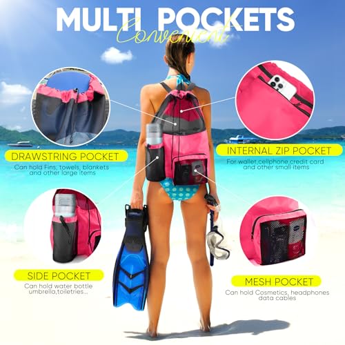 HOHOM Mesh Swim Bag Beach Drawstring Backpack, Waterproof Gym Bags for Women and Men, Large Pool Bag Swimming Gear for Swimmers - Image 3