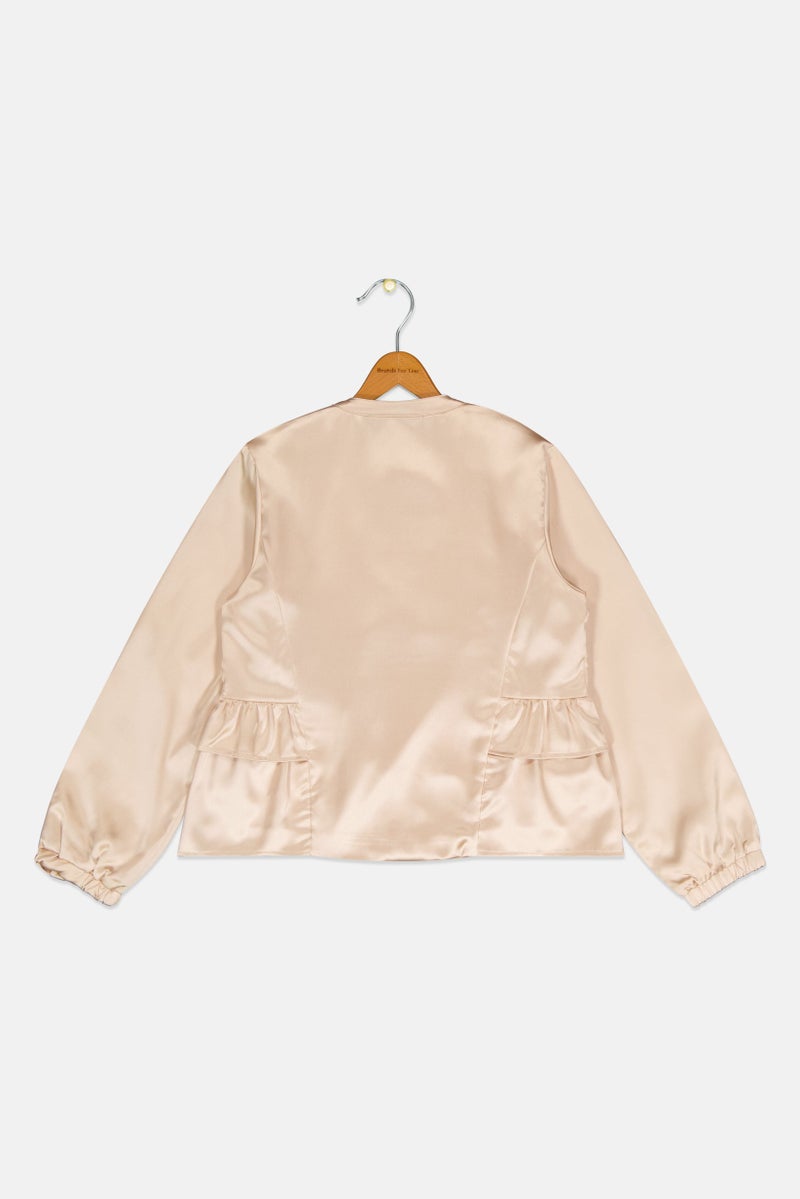 Lili Gaufrette جاكيت بنات للأطفال بأكمام طويلة وشعار مطرز، تان - Image 3