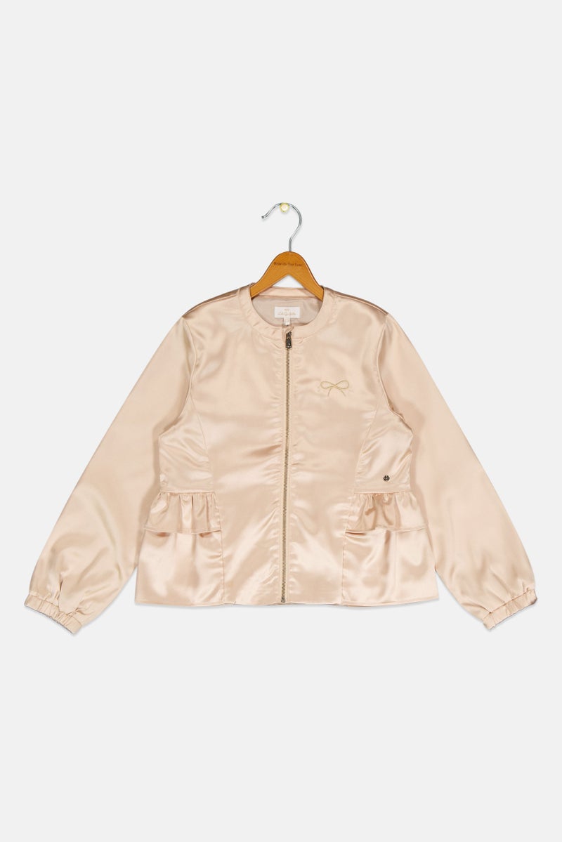 Lili Gaufrette جاكيت بنات للأطفال بأكمام طويلة وشعار مطرز، تان - Image 2