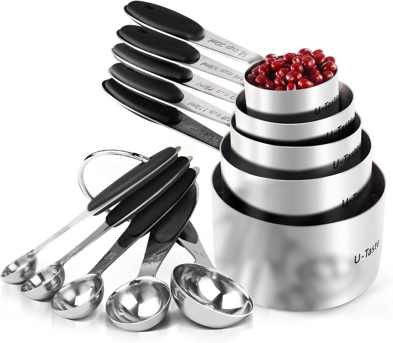 U-Taste مجموعة أكواب وملاعق القياس: من الفولاذ المقاوم للصدأ 18/8، 10 قطع معدنية قابلة للتكديس والتجميع، مجموعة قياس للطهي والخبز، 5 أكواب و5 ملاعق للمكونات الجافة والسائلة (أسود) - Image 1