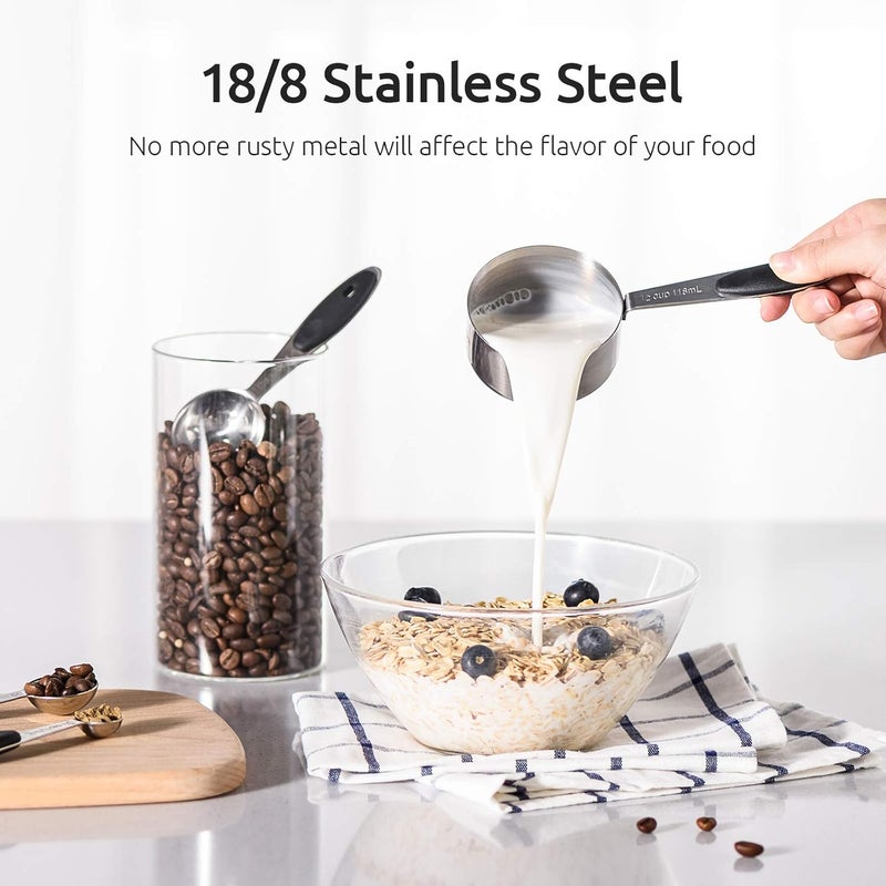 U-Taste مجموعة أكواب وملاعق القياس: من الفولاذ المقاوم للصدأ 18/8، 10 قطع معدنية قابلة للتكديس والتجميع، مجموعة قياس للطهي والخبز، 5 أكواب و5 ملاعق للمكونات الجافة والسائلة (أسود) - Image 3