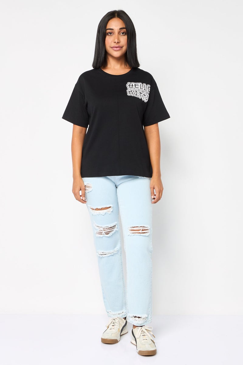 Hello Kitty تي شيرت نسائي بأكمام قصيرة وياقة دائرية، مطبوع برسومات، أسود - Image 2