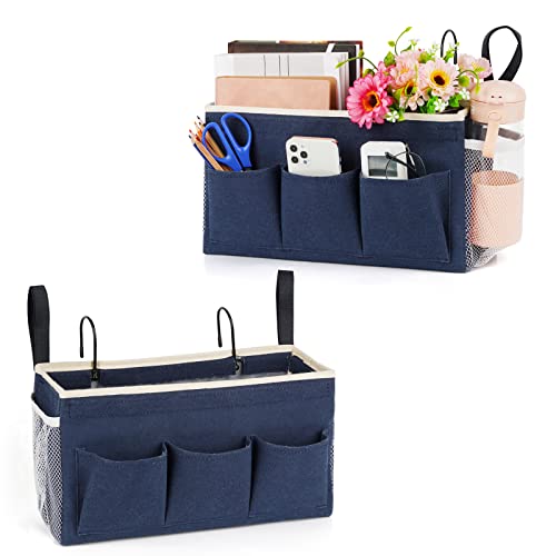 Lilithye Bedside Caddy Bedside Organizer Bedside Storage Caddy with Fixed Straps and Water Bottle Holder for Home College Dorm Bunk Bed Hospital Bed Crib Bed Rails (2pcs Navy Blue) - Image 1