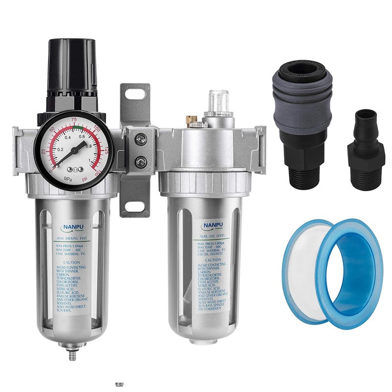 NANPU 3/8" NPT Air Filter Pressure Regulator Lubricator Dryer Gauge Kit Water/Oil Trap Separator 3 in 1 Twin Unit - Image 1