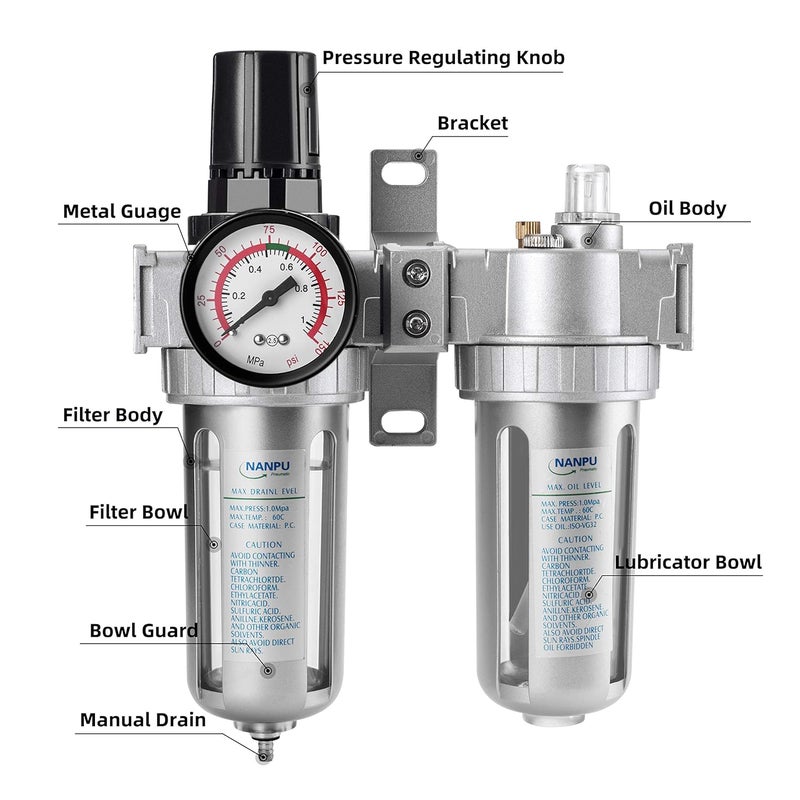 NANPU 3/8" NPT Air Filter Pressure Regulator Lubricator Dryer Gauge Kit Water/Oil Trap Separator 3 in 1 Twin Unit - Image 5