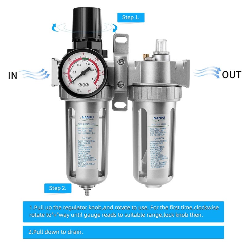 NANPU 3/8" NPT Air Filter Pressure Regulator Lubricator Dryer Gauge Kit Water/Oil Trap Separator 3 in 1 Twin Unit - Image 3