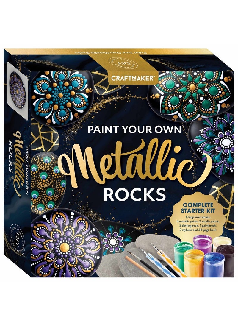 Hinkler Craft Maker Paint Your Own Metallic Rocks - DIY Rock Painting Kit includes 4 metallic paints,2 acrylic paints, 2 dotting tools, a paintbrush, 2 styluses, and 24-page book, Metallic Paints, Custom Rock Art, Decorative Stones - Image 1