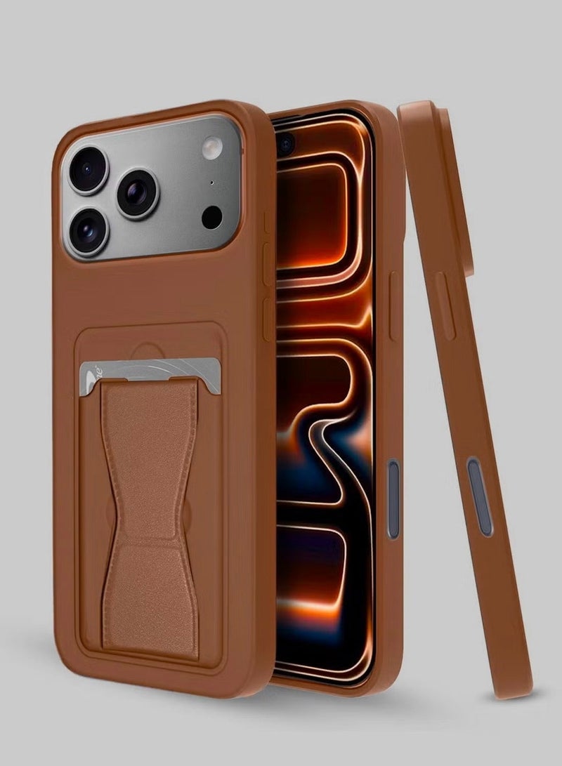 Wtech Apple iPhone 17 Pro 5G 2025 Silicone TPU Card Holder with Hand Grip Case Cover (MCHPSN) - Brown