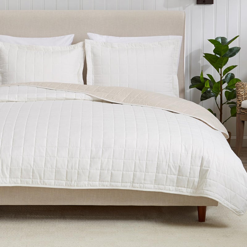 Great Bay Home Great Bay Home Solid Color FullQueen Box Stitch Reversible Quilt Set Includes Shams CreamSand Bedspread Lightweight AllSeason Coverlet Bedding Set 