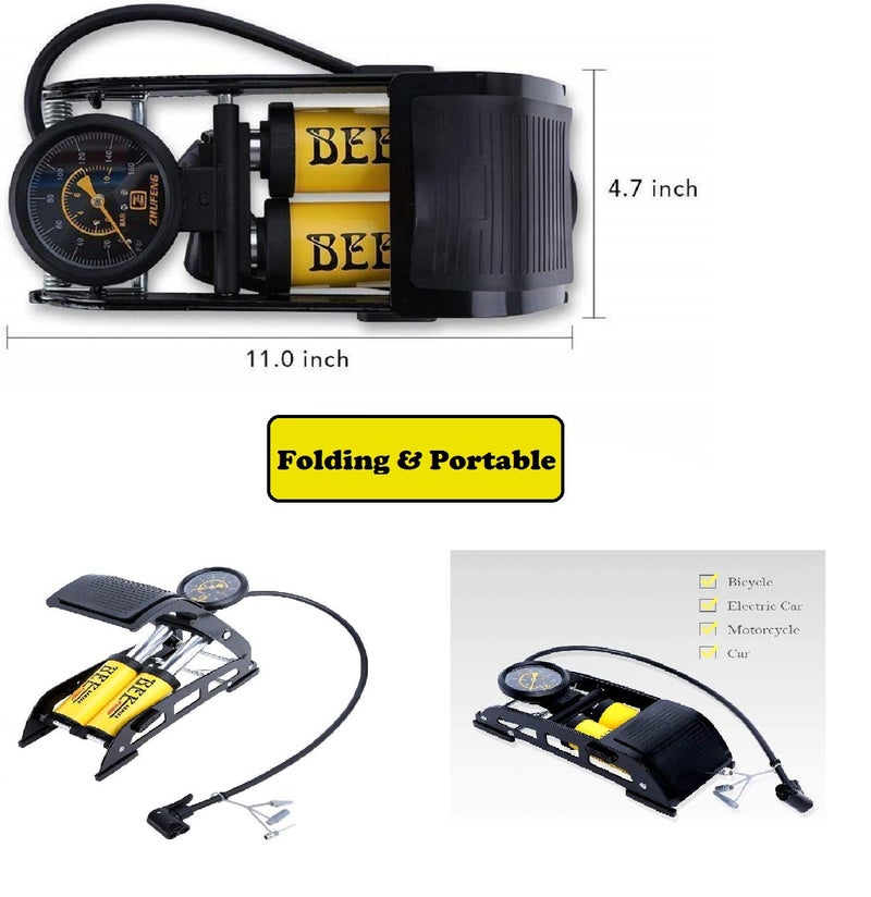 BIRMON Portable Aluminum Double Foot Air Pump 160 PSI High Pressure for Cycle, Bike, Car, Football etc. (Yellow Color - 1 Pcs.) - Image 4