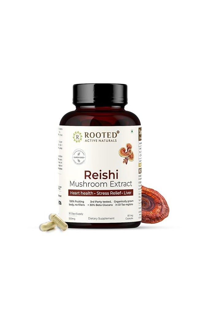Rooted Active's Reishi Mushroom - Heart & Immune Health Support Supplement | Mushroom Supplement to Support Energy, Mood, Sleep & Aid Overall Well-Being - 60 Capsules - Image 1
