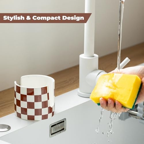 Zoeeker Checkered Sponge Holder for Kitchen Sink, Ceramic Dish Sponge Drying Caddy Scrubby Holder Kitchen Organizer Cute Dish Rack for Sink Counter, Brown and White - Image 5