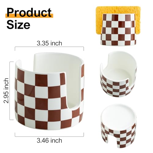 Zoeeker Checkered Sponge Holder for Kitchen Sink, Ceramic Dish Sponge Drying Caddy Scrubby Holder Kitchen Organizer Cute Dish Rack for Sink Counter, Brown and White - Image 2