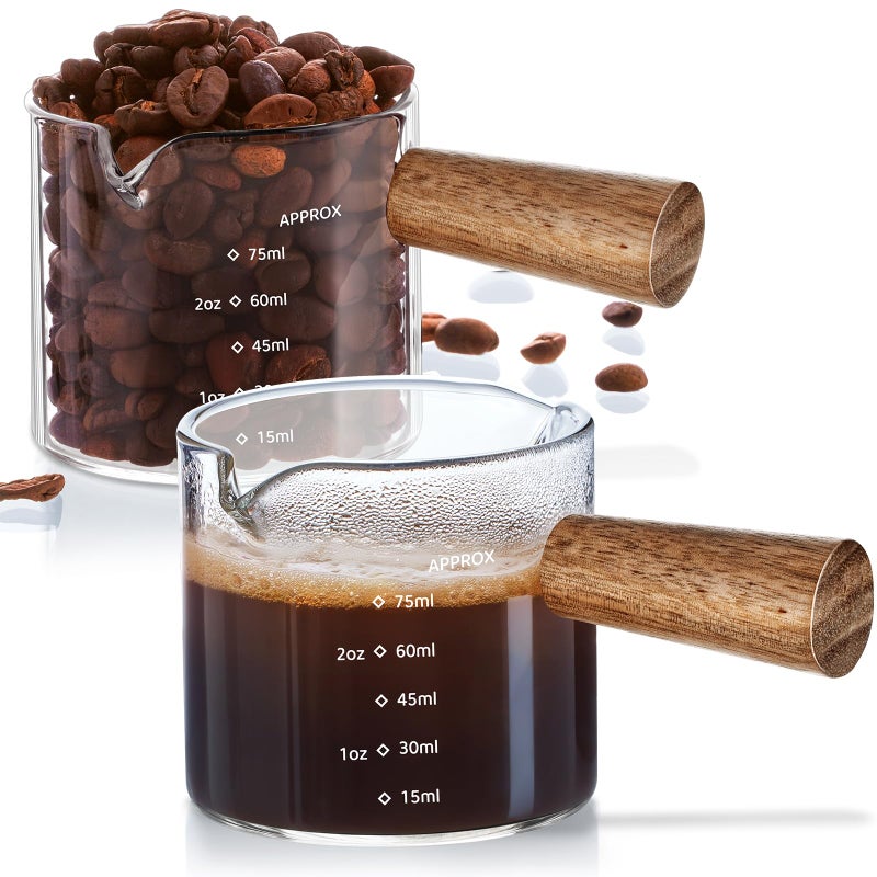 QWACVRTM 2 Pack Espresso Shot Cups Measuring cups, Wooden Handle V-Shaped Double Spout Espresso Shot Glass, Coffee Bar Essentials, coffee accessories - Image 1