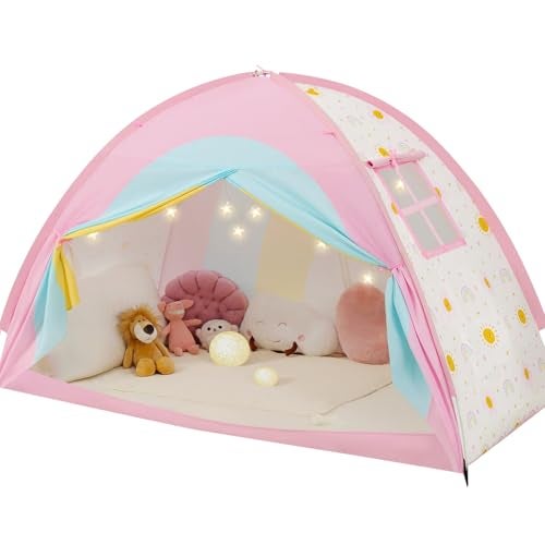 PIIKAGO Twin Bed Tent for Kids, Twin Size Bed Canopy with Star Lights, Privacy Space Blackout Sleeping Tents, Indoor Breathable Portable Bunk Bed Tent for Girls, Rainbow - Image 1