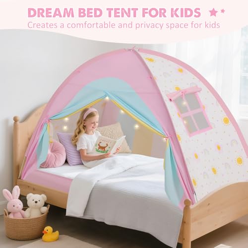 PIIKAGO Twin Bed Tent for Kids, Twin Size Bed Canopy with Star Lights, Privacy Space Blackout Sleeping Tents, Indoor Breathable Portable Bunk Bed Tent for Girls, Rainbow - Image 4