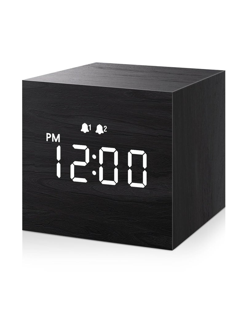 JALL Digital Alarm Clock with Wooden Electronic LED Time Display Dual Alarm 25inch Cubic Small Mini Wood Made Electric Clocks for Bedroom Bedside Desk Black