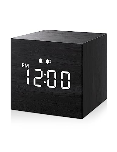 JALL Digital Alarm Clock with Wooden Electronic LED Time Display 3 Alarm 25inch Cubic Small Mini Wood Made Electric Clocks for Bedroom Bedside Desk Black - Image 1