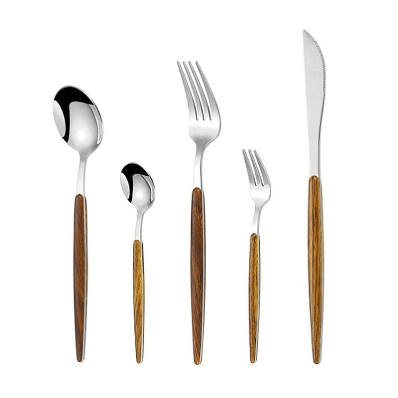 HENIJ 5 Pcs Gold Flatware Set with Wooden Handle Stainless Steel Flatware Cutlery Set for Home and Restaurant Include KnifeForkSpoon Silver - Image 2