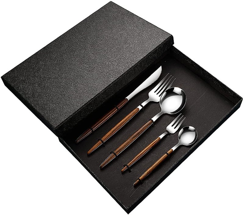 HENIJ 5 Pcs Gold Flatware Set with Wooden Handle Stainless Steel Flatware Cutlery Set for Home and Restaurant Include KnifeForkSpoon Silver - Image 1