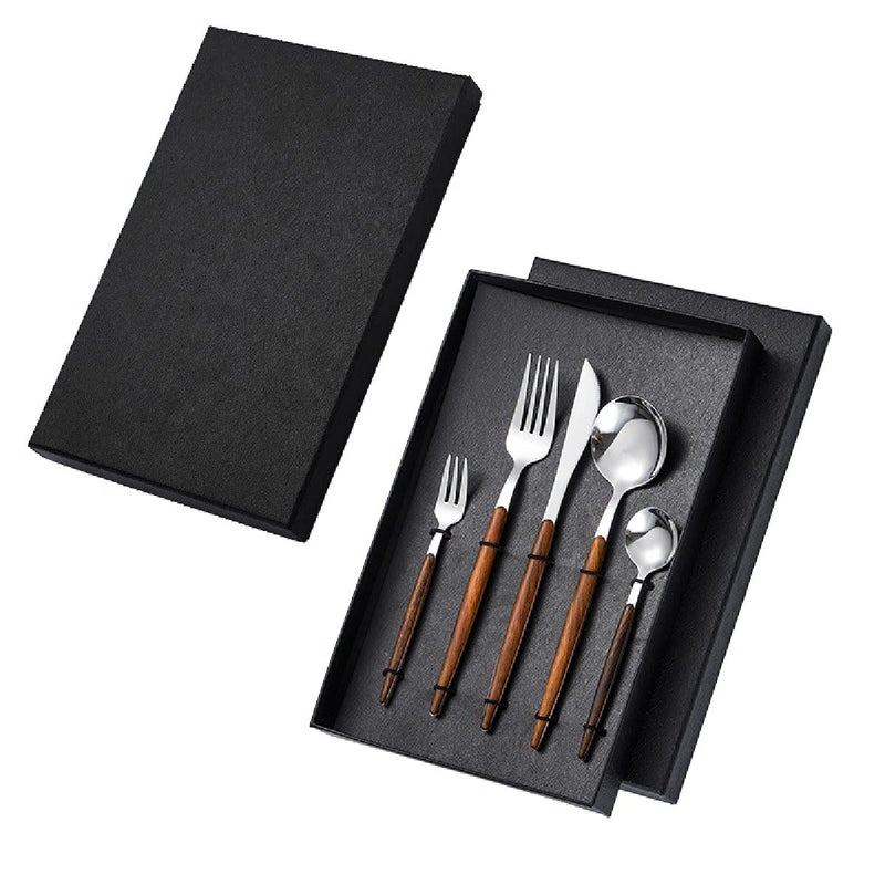 HENIJ 5 Pcs Gold Flatware Set with Wooden Handle Stainless Steel Flatware Cutlery Set for Home and Restaurant Include KnifeForkSpoon Silver - Image 3