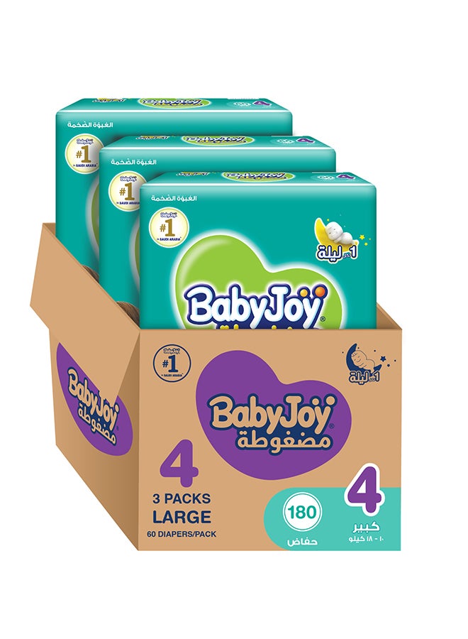BabyJoy Compressed Diamond Pad Diaper, Size 4, Large, 10-18 Kg, Mega Box, 180 Diapers - Image 1