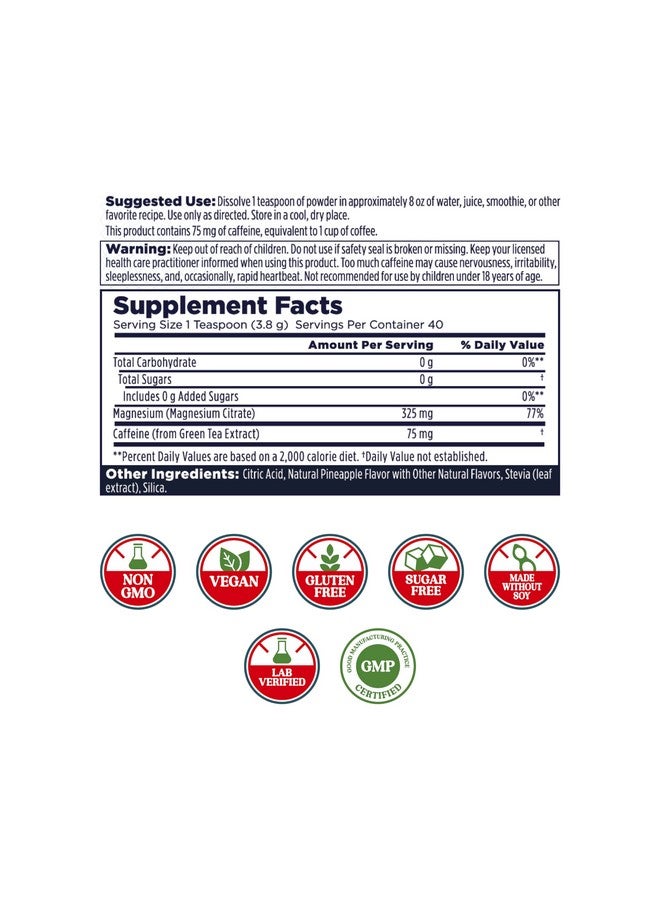 KAL Energy Magnesium Powder Drink, Pineapple Flavor Magnesium Citrate Powder, Energy Support with Green Tea Caffeine, Sugar Free, 40 Servings - Image 2