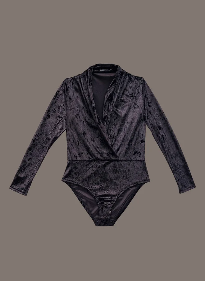 SASSAFRAS Black Velvet V-Neck Bodysuit for Women