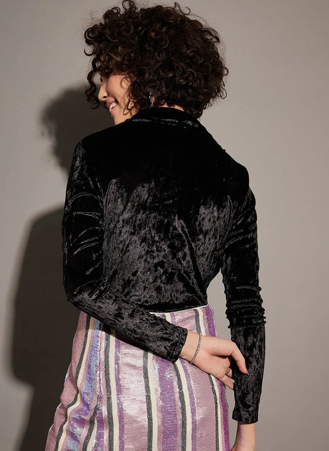 SASSAFRAS Black Velvet V-Neck Bodysuit for Women